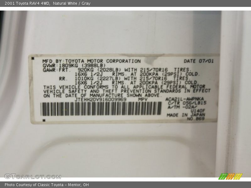 Natural White / Gray 2001 Toyota RAV4 4WD