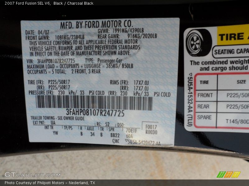 Black / Charcoal Black 2007 Ford Fusion SEL V6