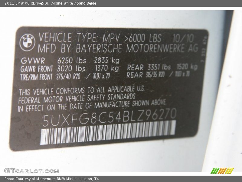 Info Tag of 2011 X6 xDrive50i