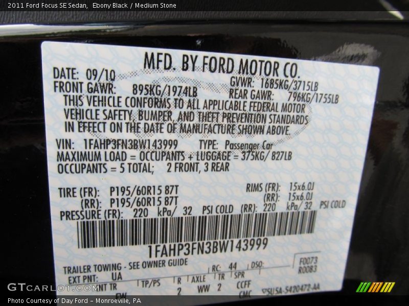 Ebony Black / Medium Stone 2011 Ford Focus SE Sedan