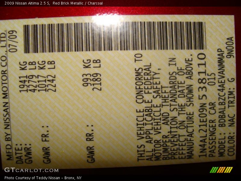 Red Brick Metallic / Charcoal 2009 Nissan Altima 2.5 S