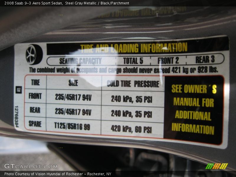 Info Tag of 2008 9-3 Aero Sport Sedan