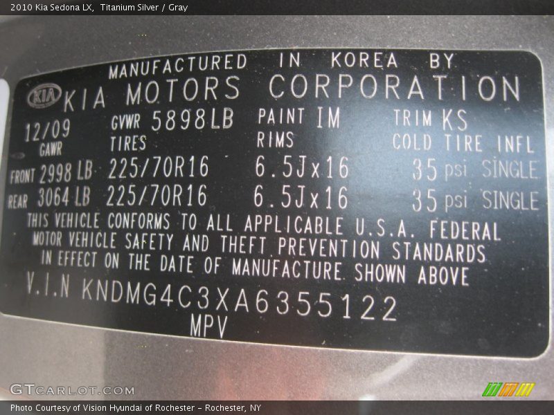 Titanium Silver / Gray 2010 Kia Sedona LX