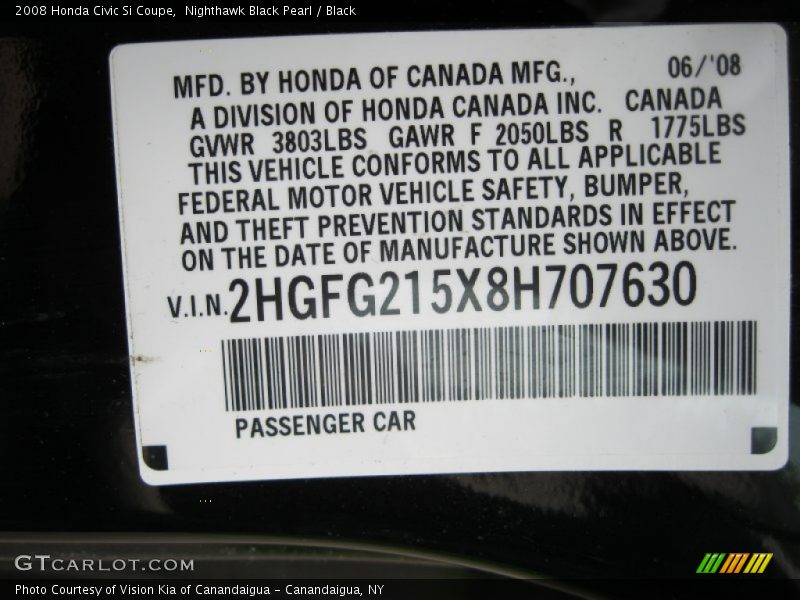 Nighthawk Black Pearl / Black 2008 Honda Civic Si Coupe