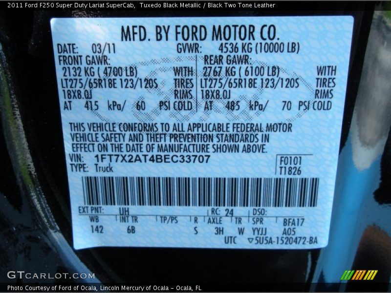 2011 F250 Super Duty Lariat SuperCab Tuxedo Black Metallic Color Code UH