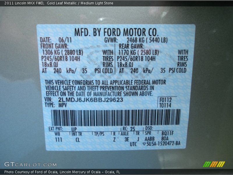 Gold Leaf Metallic / Medium Light Stone 2011 Lincoln MKX FWD