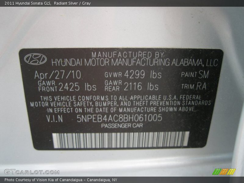 Radiant Silver / Gray 2011 Hyundai Sonata GLS