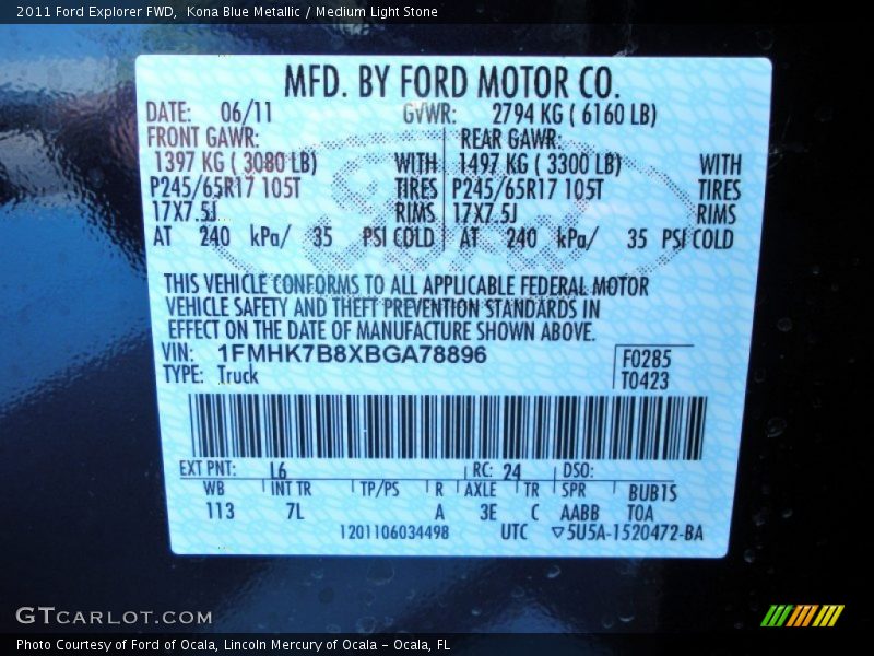 2011 Explorer FWD Kona Blue Metallic Color Code L6