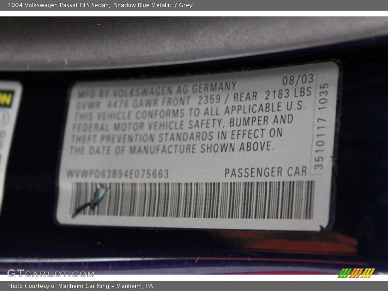 Shadow Blue Metallic / Grey 2004 Volkswagen Passat GLS Sedan