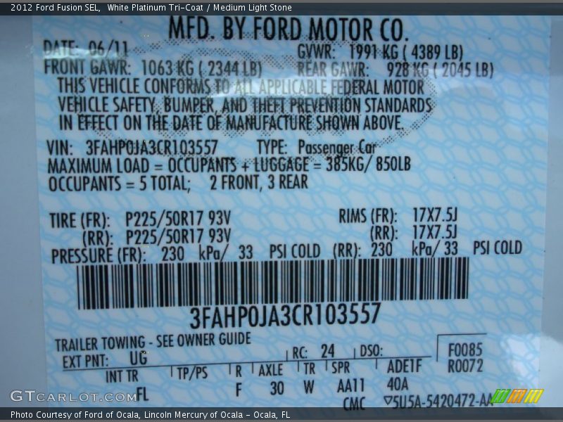 White Platinum Tri-Coat / Medium Light Stone 2012 Ford Fusion SEL