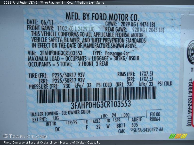 2012 Fusion SE V6 White Platinum Tri-Coat Color Code UG