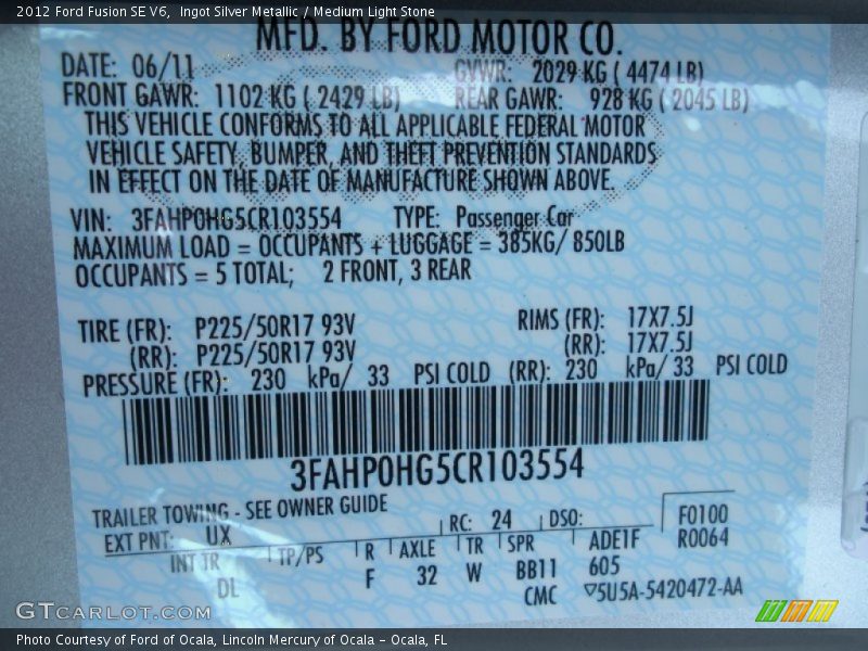 2012 Fusion SE V6 Ingot Silver Metallic Color Code UX