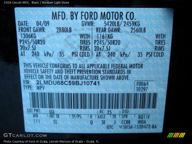 2009 MKX  Black Color Code UA