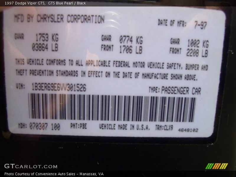 1997 Viper GTS GTS Blue Pearl Color Code PBE
