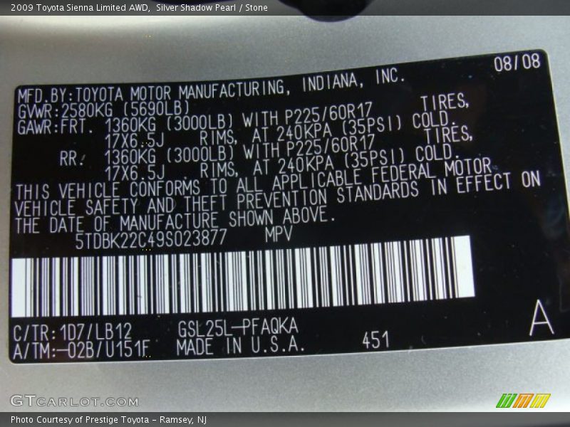 Silver Shadow Pearl / Stone 2009 Toyota Sienna Limited AWD