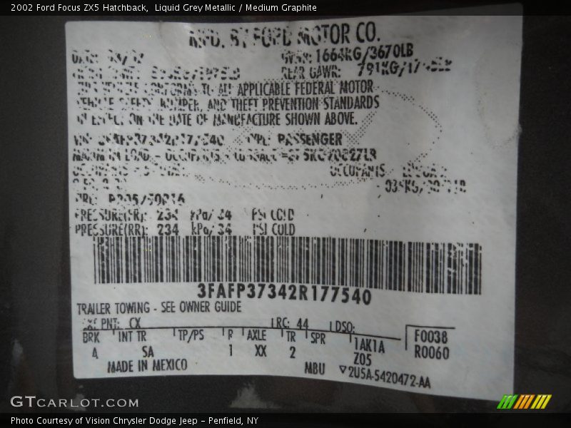 2002 Focus ZX5 Hatchback Liquid Grey Metallic Color Code CX