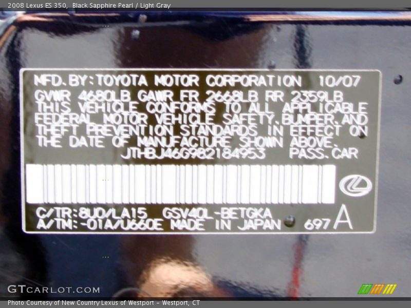 Black Sapphire Pearl / Light Gray 2008 Lexus ES 350