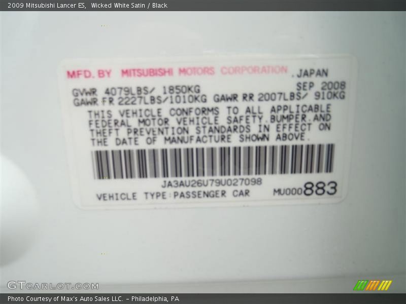 Wicked White Satin / Black 2009 Mitsubishi Lancer ES
