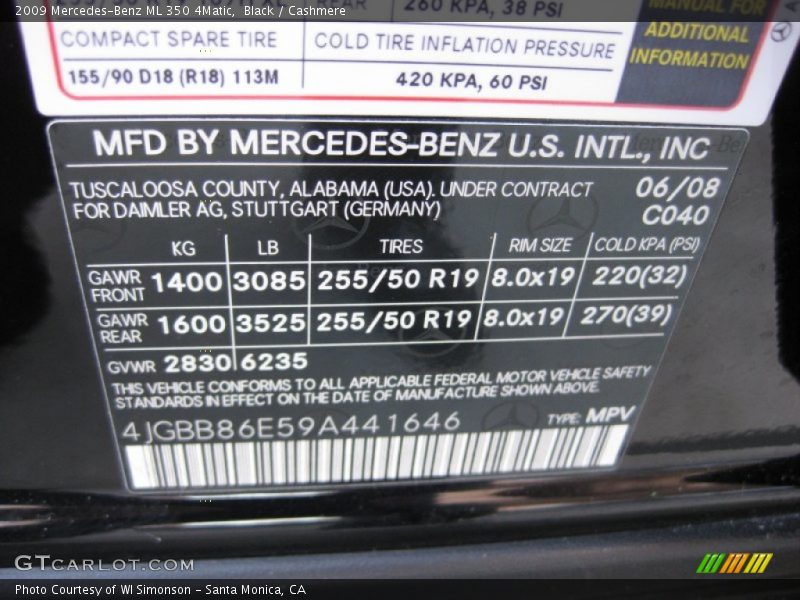 Black / Cashmere 2009 Mercedes-Benz ML 350 4Matic