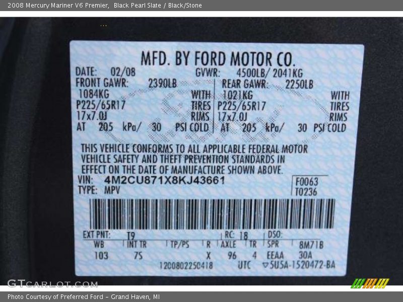 Black Pearl Slate / Black/Stone 2008 Mercury Mariner V6 Premier