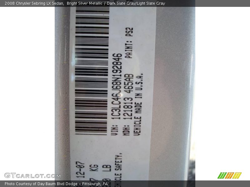Bright Silver Metallic / Dark Slate Gray/Light Slate Gray 2008 Chrysler Sebring LX Sedan