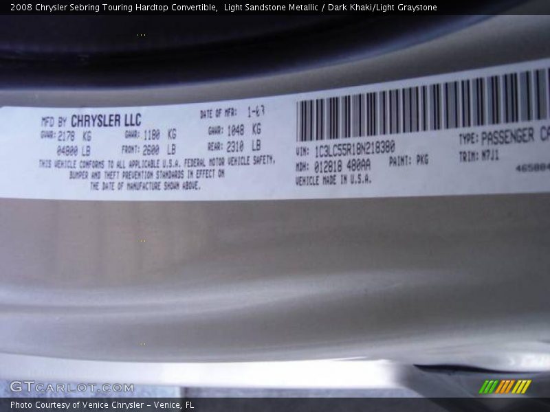 Light Sandstone Metallic / Dark Khaki/Light Graystone 2008 Chrysler Sebring Touring Hardtop Convertible