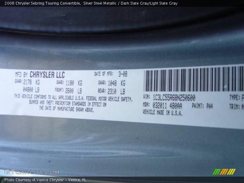 Silver Steel Metallic / Dark Slate Gray/Light Slate Gray 2008 Chrysler Sebring Touring Convertible