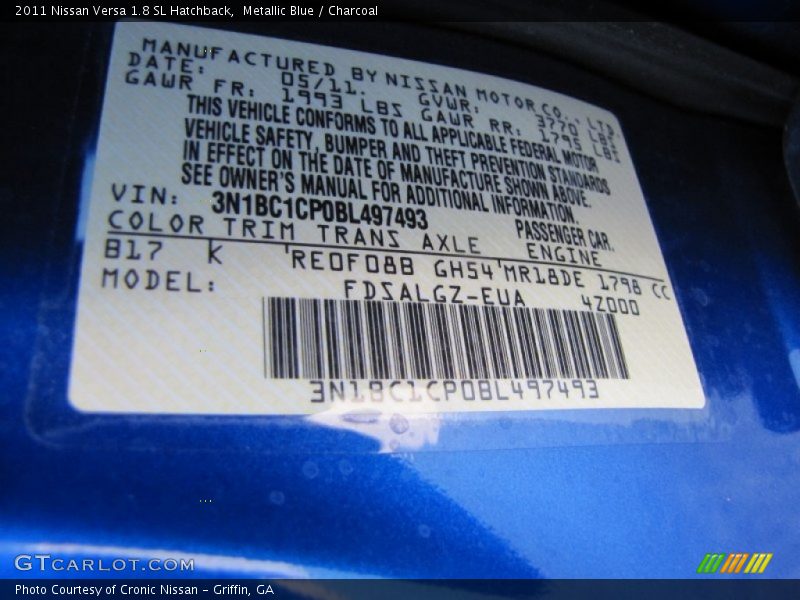 Metallic Blue / Charcoal 2011 Nissan Versa 1.8 SL Hatchback