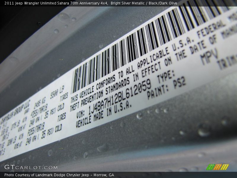 2011 Wrangler Unlimited Sahara 70th Anniversary 4x4 Bright Silver Metallic Color Code PS2
