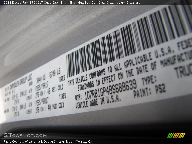 Bright Silver Metallic / Dark Slate Gray/Medium Graystone 2011 Dodge Ram 1500 SLT Quad Cab