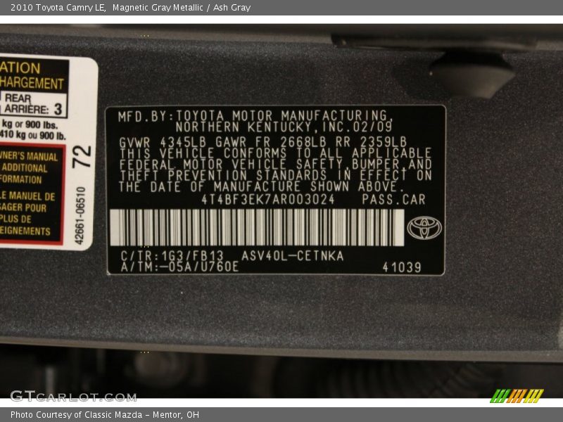 Magnetic Gray Metallic / Ash Gray 2010 Toyota Camry LE