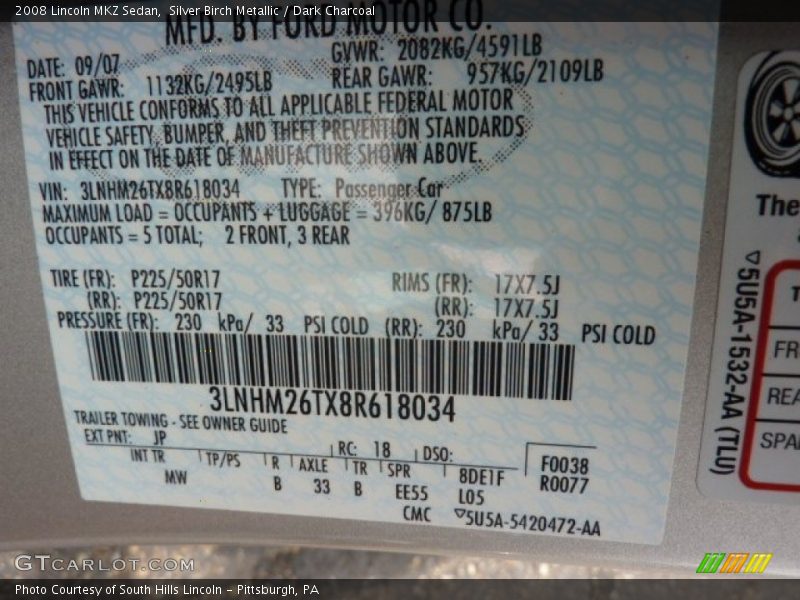 Silver Birch Metallic / Dark Charcoal 2008 Lincoln MKZ Sedan