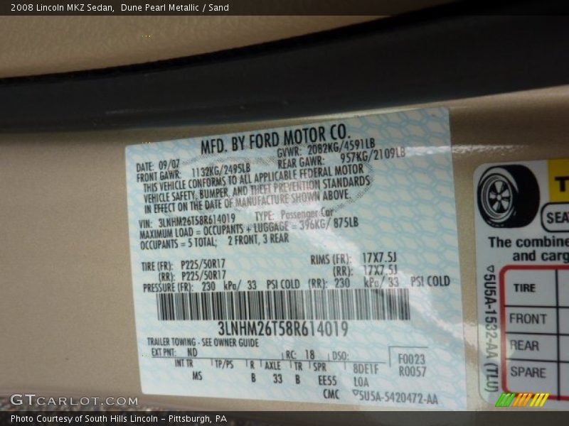 Dune Pearl Metallic / Sand 2008 Lincoln MKZ Sedan
