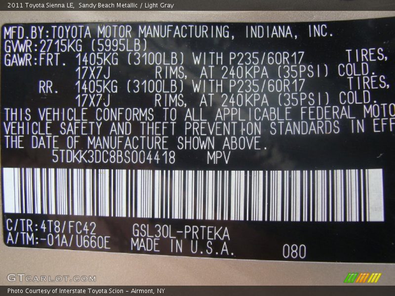 Sandy Beach Metallic / Light Gray 2011 Toyota Sienna LE