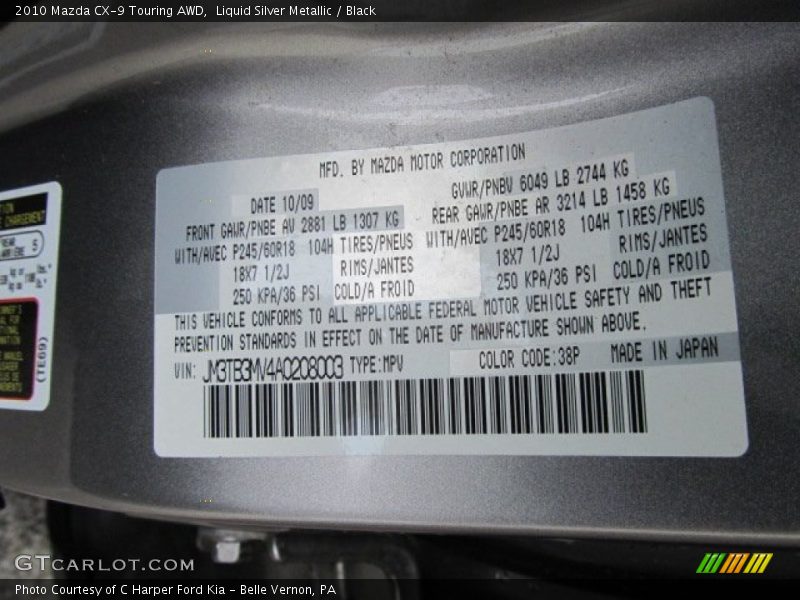 Liquid Silver Metallic / Black 2010 Mazda CX-9 Touring AWD