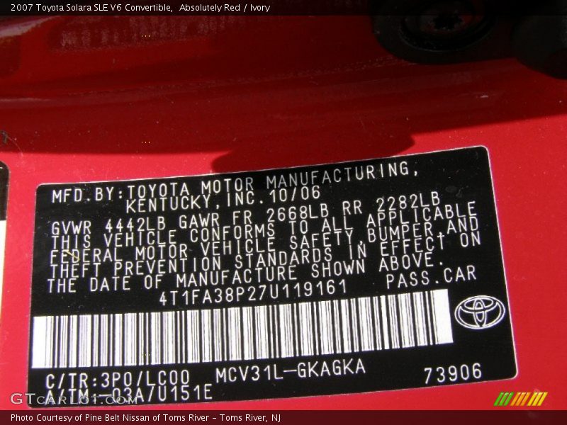 Absolutely Red / Ivory 2007 Toyota Solara SLE V6 Convertible