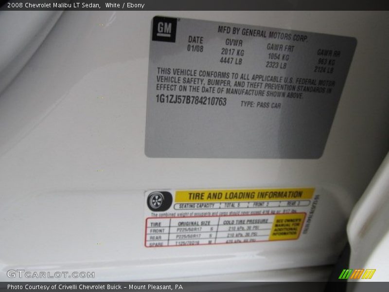 White / Ebony 2008 Chevrolet Malibu LT Sedan