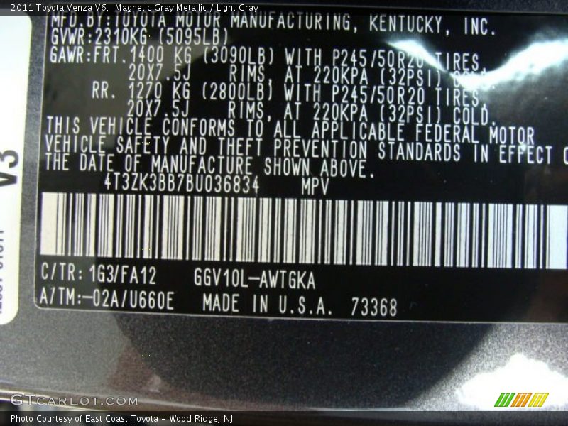 Magnetic Gray Metallic / Light Gray 2011 Toyota Venza V6