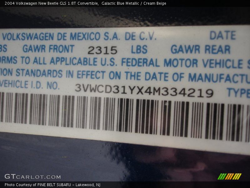 Galactic Blue Metallic / Cream Beige 2004 Volkswagen New Beetle GLS 1.8T Convertible