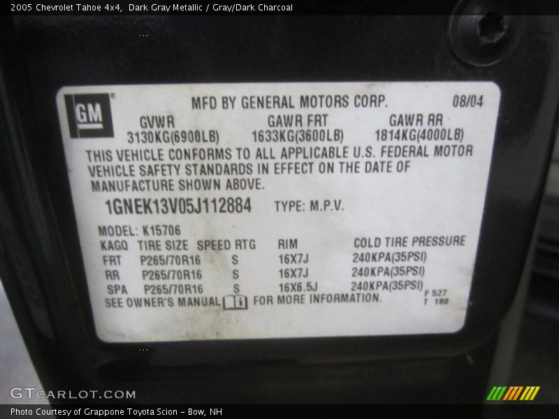Dark Gray Metallic / Gray/Dark Charcoal 2005 Chevrolet Tahoe 4x4
