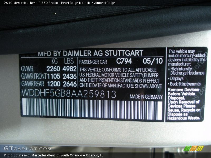 Pearl Beige Metallic / Almond Beige 2010 Mercedes-Benz E 350 Sedan