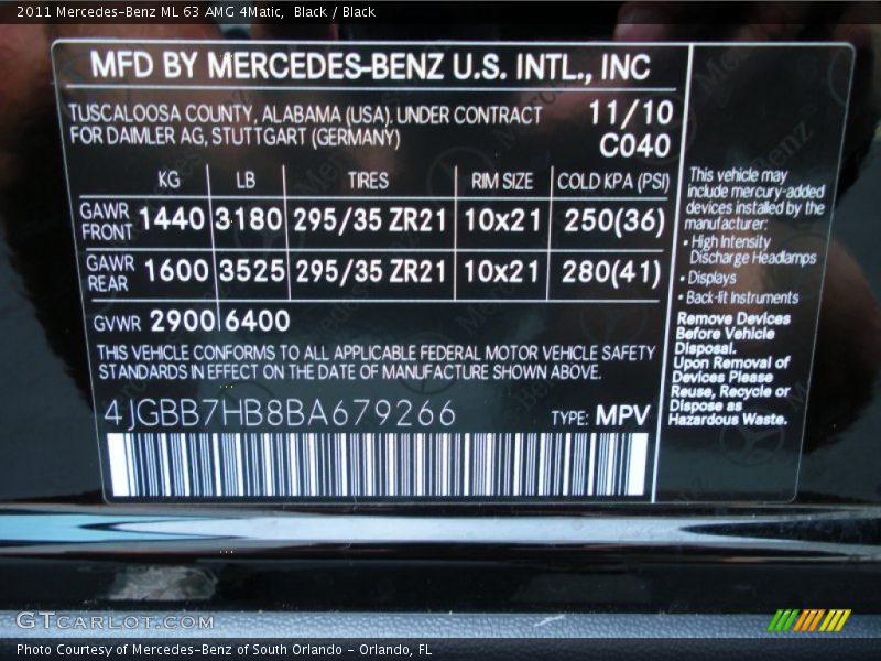 2011 ML 63 AMG 4Matic Black Color Code 040