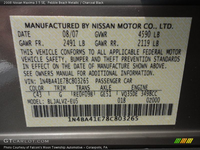 Pebble Beach Metallic / Charcoal Black 2008 Nissan Maxima 3.5 SE