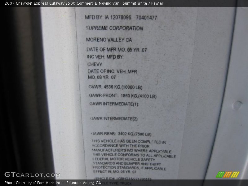 Summit White / Pewter 2007 Chevrolet Express Cutaway 3500 Commercial Moving Van