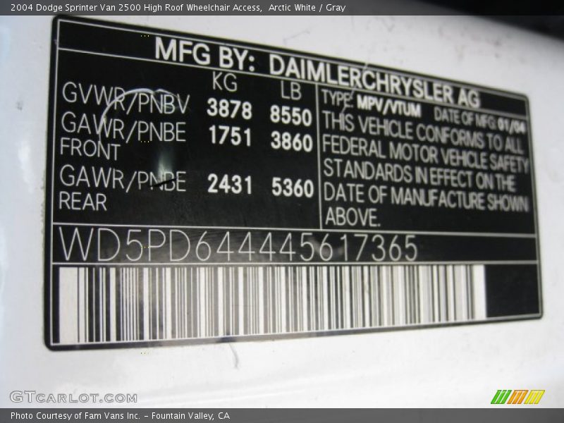Info Tag of 2004 Sprinter Van 2500 High Roof Wheelchair Access