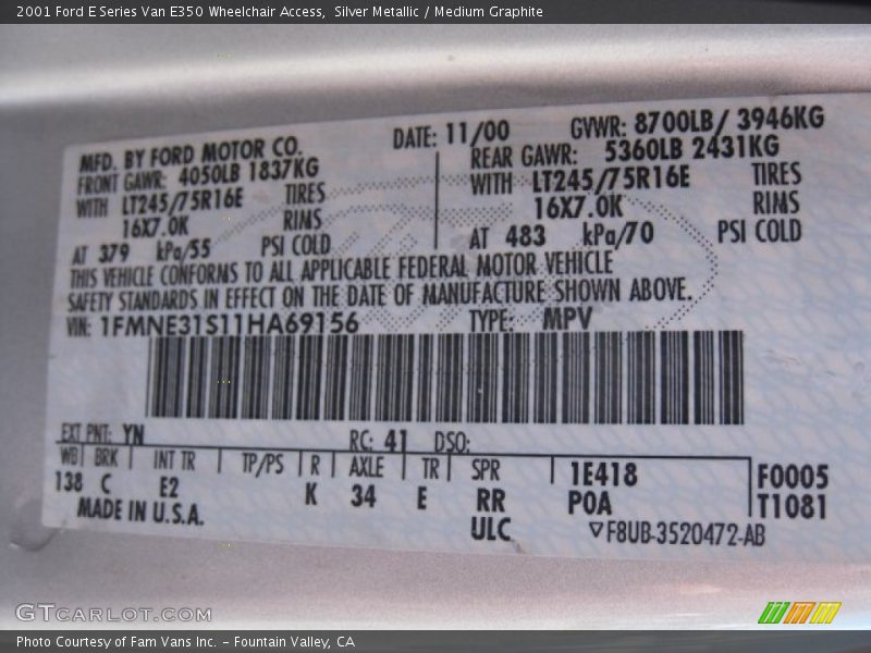 Silver Metallic / Medium Graphite 2001 Ford E Series Van E350 Wheelchair Access