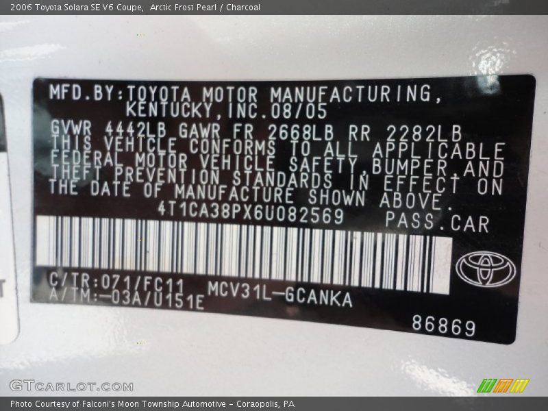 2006 Solara SE V6 Coupe Arctic Frost Pearl Color Code 071