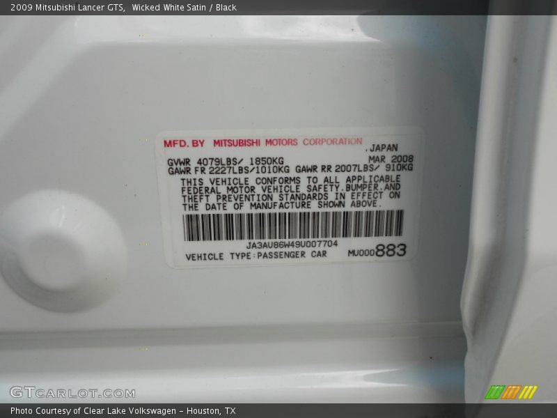 Wicked White Satin / Black 2009 Mitsubishi Lancer GTS