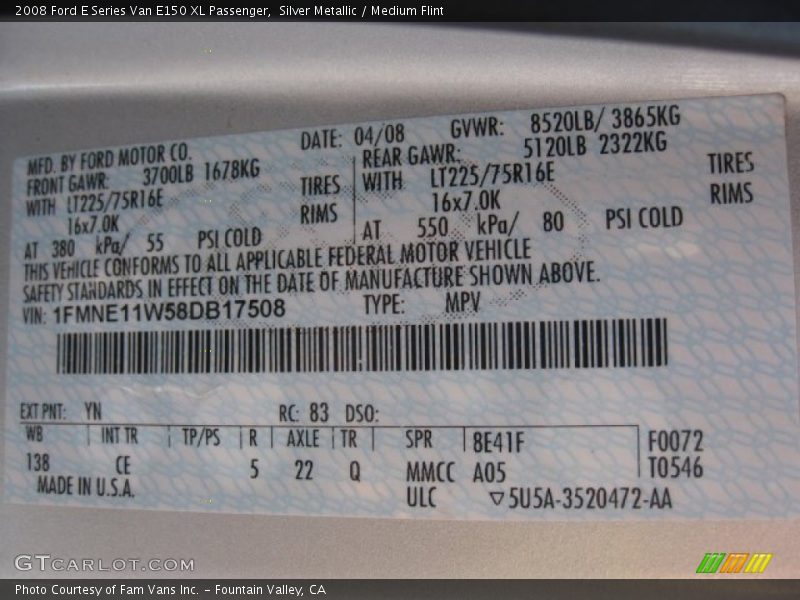 Silver Metallic / Medium Flint 2008 Ford E Series Van E150 XL Passenger