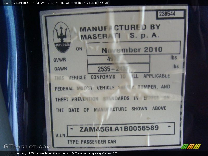 Info Tag of 2011 GranTurismo Coupe